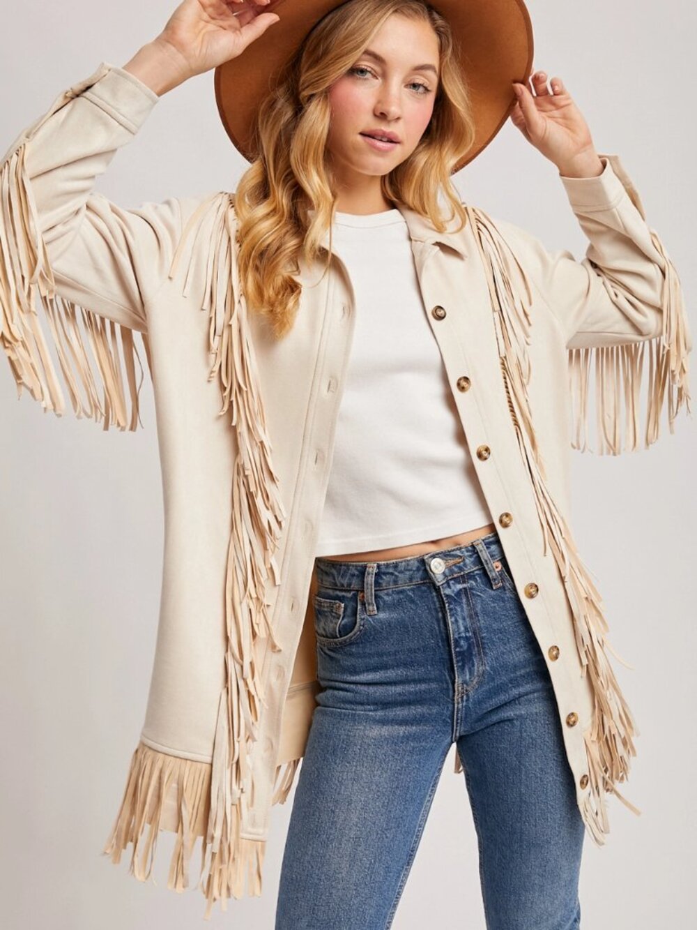 Jackie- Vegan Suede Fringed Jacket - Ecru